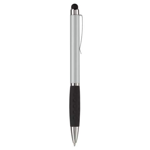 Plastic touchscreen pen with a metal clip and rubber grip. Twist mechanism. Blue  writing ink refill.