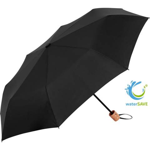 Attractively priced, sustainable manual opening pocket umbrella with a cover made of recycled plastics Easy to handle thanks to safety runner, high-quality windproof system for maximum frame flexibility in stormy conditions, STANDARD 100 by OEKO-TEX® certified polyester pongee cover material of recycled plastics, with waterSAVE® label on the closing strap (with new deliveries), wooden handle with promotional labelling option