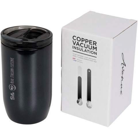 This durable compact tumbler is ideal for travel. The lid has an easy flip-open seal design. The tumbler has a stainless steel double-wall vacuum construction with copper insulation which means it will keep drinks hot for 8 hours and cold for 24 hours. The construction also prevents condensation on the outside of the tumbler. Volume capacity is 380 ml. Presented in an Avenue gift box.