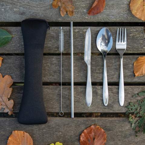Re-usable stainless steel cutlery set that you can easily take wherever you go and perfect for when you bring your lunch to work. This set includes a fork, knife, spoon, straw and a brush so you can clean the straw. All items fit in the neoprene pouch with zipper and closure cord.<br /><br />PVC free: true