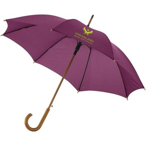 23" automatic opening umbrella with wooden shaft wooden handle and metal ribs.
