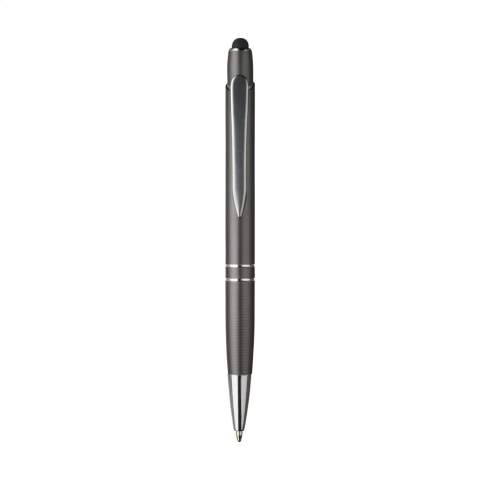 Blauwschrijvende pen met aluminium houder met gripvast voorstuk, zilverkleurige accenten en metalen clip. Voorzien van een top/pointer voor het bedienen van touchscreens (zoals iPhone/iPad).
