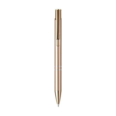 WoW! Blue ink ballpoint pen made from recycled aluminium with a sturdy rose gold clip/pressure button, also made from recycled aluminium. The pen has elegant rose gold and silver accents, making it a strikingly chic appearance. RCS-certificated. Total recycled material: 94%.     By using recycled aluminium, fewer new raw materials are used during the production of this product. This means less energy consumption and less use of water.