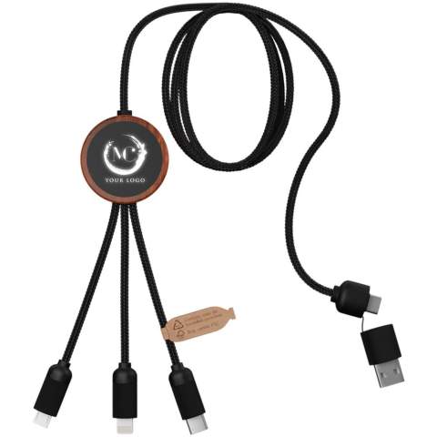 5-in-1 recycled PET light-up logo charging cable with round bamboo casing. The light-up logo is visible on both sides. Features 3 connectors (type C, micro USB, iPhone) and a dual USB connector for universal use. Delivered in a TPU pouch with a kraft paper card. Cable length: 1 metre. Includes 3 year warranty.