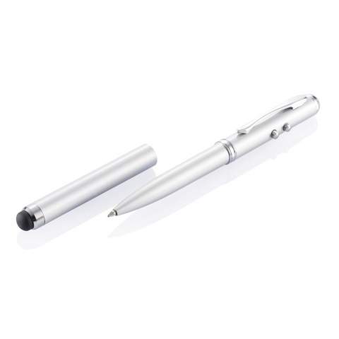 Schwarzschreibender Kugelschreiber mit Stylus-Funktion und integriertem Laserpointer sowie kleiner Leuchte.