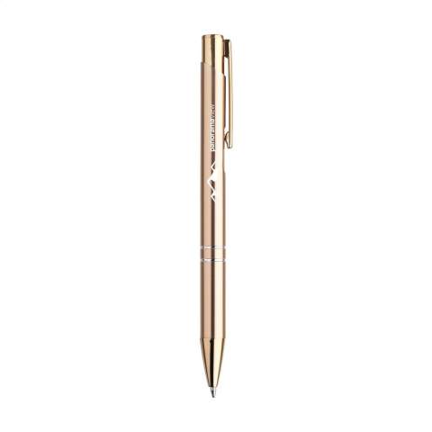 WoW! Blue ink ballpoint pen made from recycled aluminium with a sturdy rose gold clip/pressure button, also made from recycled aluminium. The pen has elegant rose gold and silver accents, making it a strikingly chic appearance. RCS-certificated. Total recycled material: 94%.     By using recycled aluminium, fewer new raw materials are used during the production of this product. This means less energy consumption and less use of water.