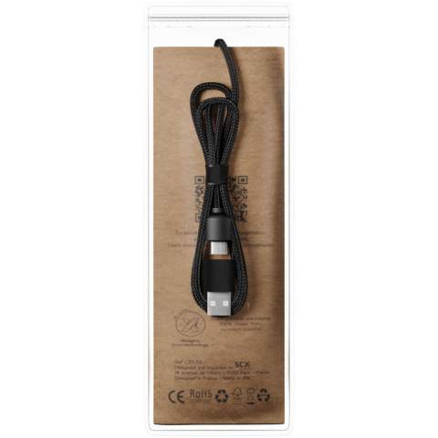 5-in-1 recycled PET light-up logo charging cable with round bamboo casing. The light-up logo is visible on both sides. Features 3 connectors (type C, micro USB, iPhone) and a dual USB connector for universal use. Delivered in a TPU pouch with a kraft paper card. Cable length: 1 metre. Includes 3 year warranty.