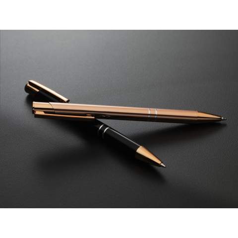 WoW! Blue ink ballpoint pen made from recycled aluminium with a sturdy rose gold clip/pressure button, also made from recycled aluminium. The pen has elegant rose gold and silver accents, making it a strikingly chic appearance. RCS-certificated. Total recycled material: 94%.     By using recycled aluminium, fewer new raw materials are used during the production of this product. This means less energy consumption and less use of water.