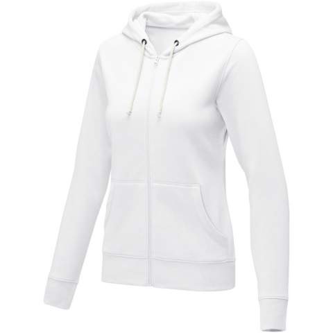 The Theron women's full zip hoodie – where style meets comfort in perfect harmony. This hoodie is a true embodiment of classic design. Additionally, the interior custom branding options allow personalised branding or customisation inside the hoodie. A kangaroo pocket combines convenience with a modern aesthetic. The flat knit rib bottom hem and cuffs guarantee a secure fit, while the brushed interior maximizes softness. The 240 g/m² fabric, blend of cotton and polyester, promises warmth and durability. Elevate your wardrobe with the Theron full zip hoodie. This hoodie is designed with a fitted shape for a feminine look. 