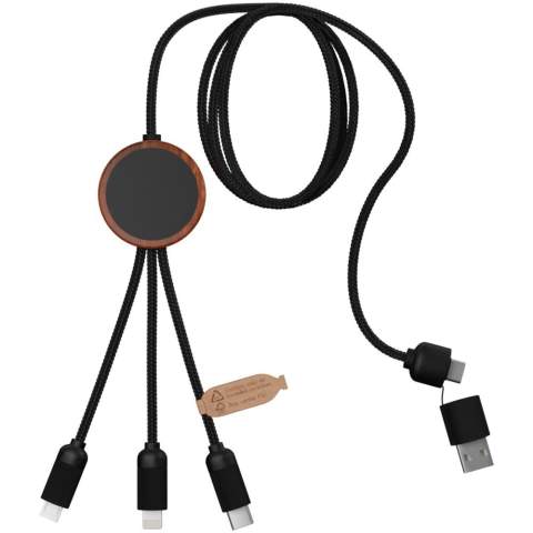 5-in-1 recycled PET light-up logo charging cable with round bamboo casing. The light-up logo is visible on both sides. Features 3 connectors (type C, micro USB, iPhone) and a dual USB connector for universal use. Delivered in a TPU pouch with a kraft paper card. Cable length: 1 metre. Includes 3 year warranty.