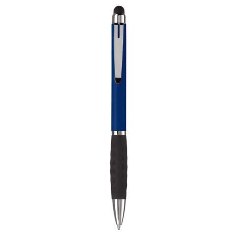 Plastic touchscreen pen with a metal clip and rubber grip. Twist mechanism. Blue  writing ink refill.