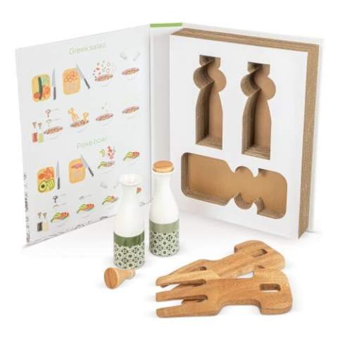 This book-style packaging contains a ceramic oil & vinegar set and salad claws. These claws are suited for salad tossing and serving. The oil & vinegar decanters complete the set to ensure you have everything at hand for the perfect salad bowl. Two recipes are printed on the inside cover of the book-box.