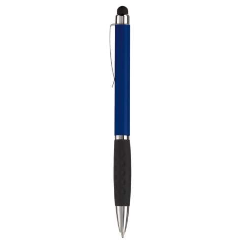 Plastic touchscreen pen with a metal clip and rubber grip. Twist mechanism. Blue  writing ink refill.