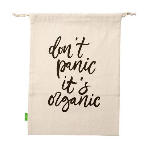 WoW! Reusable fruit and vegetable bag made from 100% organic cotton (120 g/m²). Mesh cotton on the front and plain cotton on the back with a handy drawstring closure. Using this bag helps to reduce the number of one-use plastic bags in circulation. GOTS-certified. Capacity approx. 1.5 litres