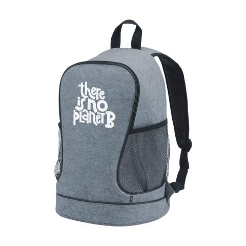 WoW! Tough, practical backpack made from sturdy RPET felt (made from recycled PET bottles). Features include generous main compartment and practical mesh side pockets as well as adjustable and padded shoulder straps. The bag has a padded rear for more comfort and a handy carrying loop. Capacity approx. 22 litres.
