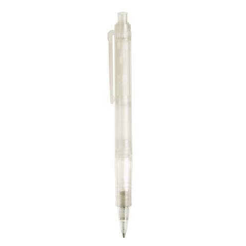 Transparenter Kugelschreiber Vegetal-Clear mit farbigem Clip. Hergestellt aus PLA, einem biologisch abbaubarem Material. Somit eine umweltfreundliche Wahl für einen Werbeartikel. Blauschreibende X20-Mine. Made in Europe. Ab einer Abnahmemenge von 5.000 Stück sind eigene Farbkombinationen möglich. 