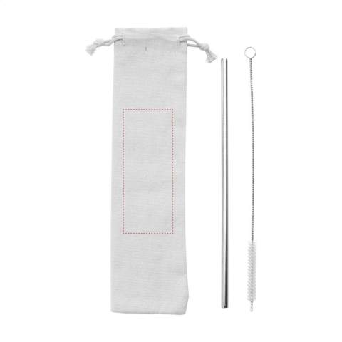 A reusable, stainless steel straw. A good alternative to plastic straws. Includes stainless steel nylon cleaning brush. Perfect for cold drinks such as smoothies or cocktails. It also adds a visually pleasing touch to any drink. Supplied per set with a canvas pouch.