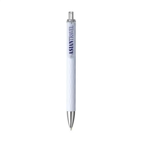 Blauschreibender Stift mit transparentem Clip und Druckknopf. Der stabile Halter hat eine auffallende grafische 3D-Diamantpatrone.