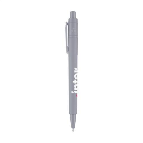 Blue ink ballpoint pen by Stilolinea®. Made from 100% recycled ABS plastic from post-consumption of electronic and/or discarded devices. With a standard imprint of the recycling symbol beside the clip. A responsible choice. Made in Italy.