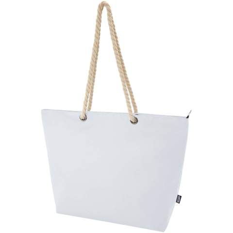 The Panama cooler tote bag is made from GRS certified recycled polyester, and features a large zipped main compartment, and high-quality aluminium foil and cotton cord handles. Suitable for various activities such as grocery shopping or for a day at the beach or in the park. Volume capacity: 23 litres. Resistance up to 10 kg weight. PVC free.