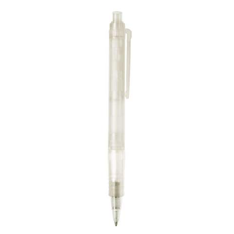Transparenter Kugelschreiber Vegetal-Clear mit farbigem Clip. Hergestellt aus PLA, einem biologisch abbaubarem Material. Somit eine umweltfreundliche Wahl für einen Werbeartikel. Blauschreibende X20-Mine. Made in Europe. Ab einer Abnahmemenge von 5.000 Stück sind eigene Farbkombinationen möglich. 