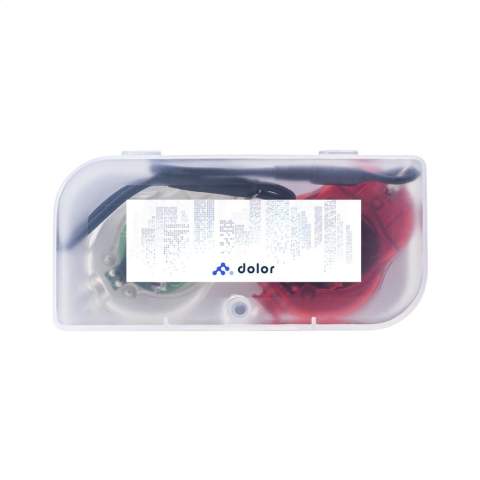 Mini bike light set: a bright white LED front light and bright red LED rear light, with elastic loops. Equipped with 2 modes - flashing and continuous. Incl. batteries and instructions. Each set in a sturdy case with magnetic closure.
