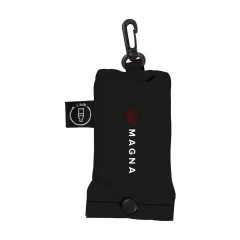 WoW! Folding shopping bag made from 190T RPET polyester: made from recycled PET bottles. With pouch with a press stud and carabiner. The bag is delivered unfolded with a separate pouch. Meas. unfolded 40 x 58 cm. GRS-certified. Total recycled material: 90%.
