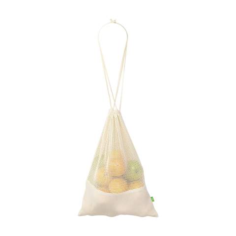 WoW! Reusable fruit and vegetable bag made from 100% organic cotton (120 g/m²). Mesh cotton on the front and plain cotton on the back with a handy drawstring closure. Using this bag helps to reduce the number of one-use plastic bags in circulation. GOTS-certified. Capacity approx. 1.5 litres