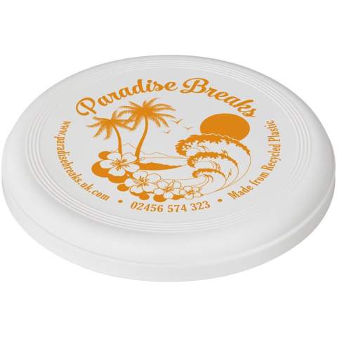 Solid frisbee made from post-consumer recycled plastic. The frisbee has a speckled finish due to the nature of the recycled material. EN71 compliant. Not suitable for children under three years. Diameter 18 cm.