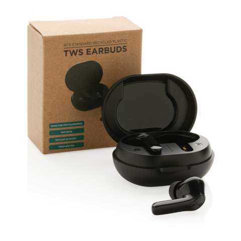 TWS earbuds where the the earbud and the charging case are made out of RCS certified recycled ABS plastic. RCS (Recycled Claim Standard) is a standard to verify the recycled content of a product throughout the whole supply chain. RCS is the standard that is used when a part of the item has been made from recycled materials. The wireless headphone uses BT 5.0 for super smooth connection and long lasting play-time. The 40 mah battery allows a play time up to 4 hours and can be fully re-charged in the 300 mah charging case in 1,5 hours. Operating distance up to 10 metres. With mic and touch pick up function. Item and accessories PVC free. Including PVC free recycled TPE material charging cable.<br /><br />HasBluetooth: True<br />PVC free: true