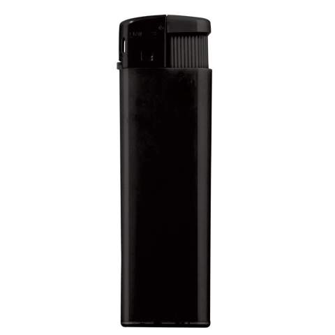 An electronic refillable lighter. Child-resistant.