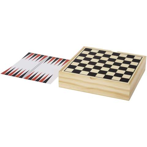 Wooden cabinet containing several components to play games such as backgammon, chess, checkers, domino, ludo, mikado, and all sorts of card games. Two side lid with plain front for decoration and chess/checkers board on the back. Extra paper inlay for ludo and backgammon boards. Instructions included.
