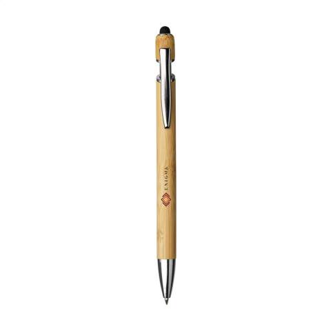 WoW! Blauwschrijvende balpen met mooie, FSC 100% gecertificeerde bamboe houder. Voorzien van een rubberen top/pointer voor het bedienen van touchscreens. Met opvallende, metalen clip en kunststof puntstuk.