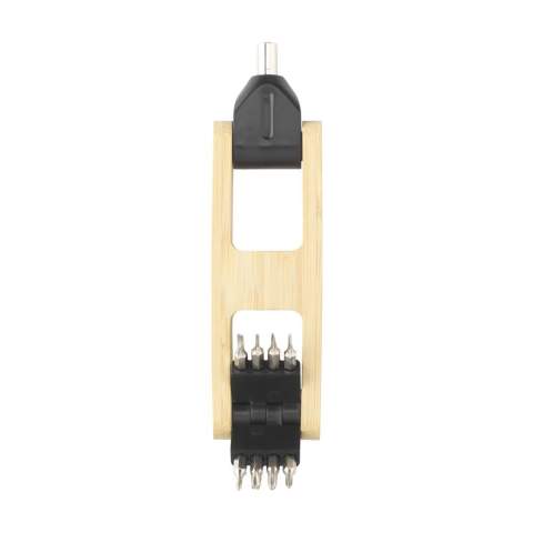 Set d'embouts de tournevis de 9 pièces avec un cadre en bambou robuste. Contient un porte-embout magnétique et 8 outils en acier : 4 embouts de tournevis cruciforme et 4 embouts de tournevis à fente. Un set compact et pratique que vous pourrez facilement emporter avec vous. Chaque article est fourni dans une boite individuelle en papier kraft marron.