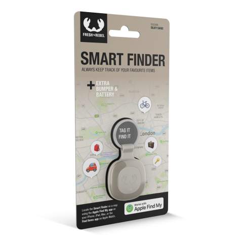 Met deze Smart Finder kun je altijd je favoriete items volgen, waar ter wereld ze zich ook bevinden, mits je gebruikmaakt van Apple’s Find My-netwerk. Wanneer ‘Melden wanneer achtergelaten’ is ingesteld, ontvang je een melding op je apparaat wanneer je Smart Finder buiten bereik is (Bluetooth); dit kun je ook uitschakelen. Ben je in de buurt van je Smart Finder, dan kun je via de Find My-app een ‘pieptoon’ laten afspelen. Volg eenvoudig het geluid om bijvoorbeeld je sleutels terug te vinden. Je kunt hem zonder zorgen bevestigen, want de stevige behuizing beschermt hem tegen vallen, schudden en stoten. De finder is water- en stofdicht (IP67).
