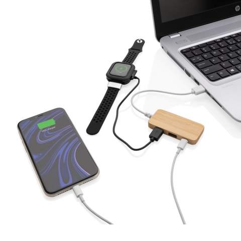 Dieser Bambus USB 2.0 Hub hat 2 USB A-Anschlüsse und einen Typ C-Anschluss zum Erweitern der USB-Anschlüsse Ihres Computers. Mit integriertem PVC-freiem TPE-Kabel.