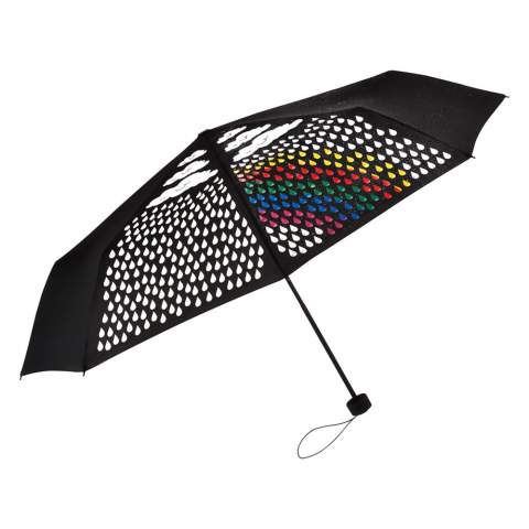 Colourful manual opening pocket umbrella with surprising colour change design Easy to handle thanks to sliding safety runner, windproof features for higher frame flexibility and stability in windy conditions, cover with special imprint on two panels (white rain cloud motif is visible in dry conditions, coloured rainbow-motif becomes visible in wet conditions), Soft-Touch handle with promotional labelling option. Also available as regular umbrella art. 1142C.