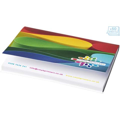 Sticky-Mate® Haftnotizen mit einem praktischen weichen Umschlag aus Papier. Mit 80g/m2-Blankopapier. Standardlieferung mit 50 Blatt, auch erhältlich mit 25 oder 100 Blatt. Der weiche Umschlag schützt nicht nur vor Beschädigungen, sondern bietet auch eine zusätzliche Werbefläche. Blattabmessungen: 100x75mm. Erhältlich in 3 Größen: 25 Blatt (21099001), 50 Blatt (21098002), 100 Blatt (21099004). 