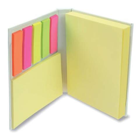 Small notebook with large print area on the front and back. Sticky notes: 100 large adhesive notes of 100x75mm, 25 small adhesive notes of 50x75mm and 25 sheets of page markers in 5 colours.