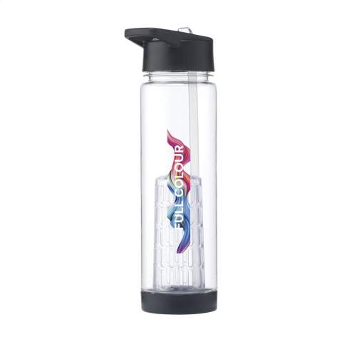 Water bottle with infuser, practical screw cap and folding drinking straw. Fill the generous infuser compartment with fresh fruit to flavour your water and create your own taste sensation. The filter is easy to clean and the bottle is durable and sturdy. This bottle is made from BPA-free PETG plastic, ensuring the bottle remains odour-free and protected against stains. Leak-proof. Capacity 700 ml.