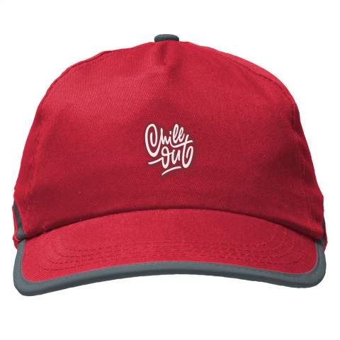 Baseball cap made of 100% cotton with reflective trim, pre-shaped peak and velcro fastener.