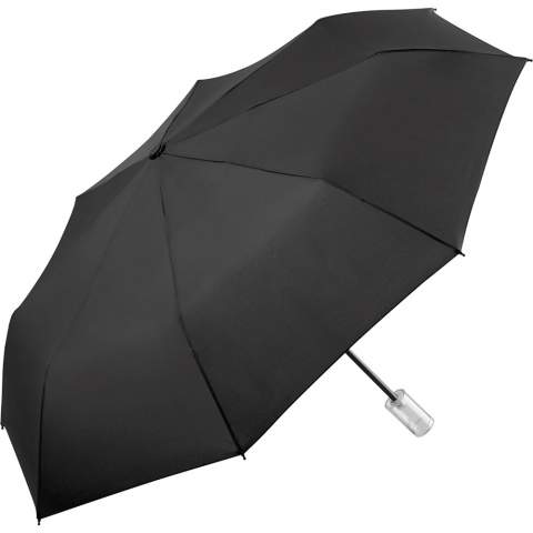 Special pocket umbrella with fillable transparent handle Easy handling due to safety runner, windproof features for higher flexibility and stability in windy conditions, transparent and individually fillable plastic handle with promotional labelling option