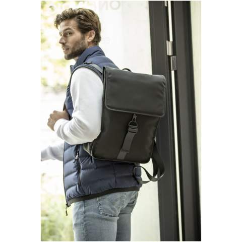 The Turner backpack is designed with highly durable and sustainable materials. The outside is made with 51% GRS recycled PU plastic and the lining is made of 100% GRS recycled RPET. The backpack features a dedicated padded 15.6" laptop compartment, a band inside to store a water bottle, and a zipped pocket for smaller items. The main compartment can be opened and closed with the clasp buckle. This backpack is made to last, and with its classic design and sturdy materials, it will become a favourite.