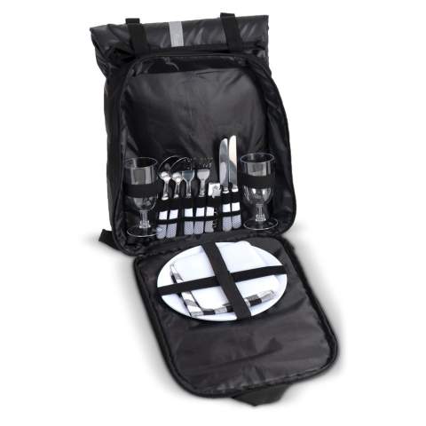 Convenient picnic backpack with cutlery, plates, cups and napkins for two people, a corkscrew and chopping board. A padded main compartment protects the content and a roll top keeps the inside dry. The back panel and shoulder straps are padded for added comfort and the reflective strip increases visibility in the dark.