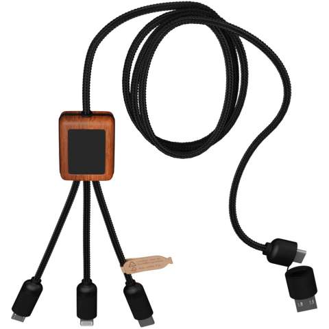 5-in-1 recycled PET light-up logo charging cable with squared bamboo casing. The light-up logo is visible on both sides. Features 3 connectors (type C, micro USB, iPhone) and a dual USB connector for universal use. Delivered in a TPU pouch with a kraft paper card. Cable length: 1 metre. Includes 3 year warranty.