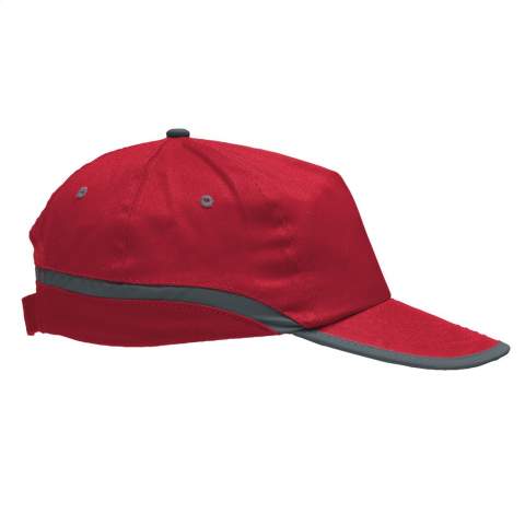 Baseball cap made of 100% cotton with reflective trim, pre-shaped peak and velcro fastener.