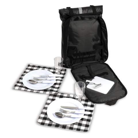 Convenient picnic backpack with cutlery, plates, cups and napkins for two people, a corkscrew and chopping board. A padded main compartment protects the content and a roll top keeps the inside dry. The back panel and shoulder straps are padded for added comfort and the reflective strip increases visibility in the dark.