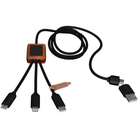 5-in-1 recycled PET light-up logo charging cable with squared bamboo casing. The light-up logo is visible on both sides. Features 3 connectors (type C, micro USB, iPhone) and a dual USB connector for universal use. Delivered in a TPU pouch with a kraft paper card. Cable length: 1 metre. Includes 3 year warranty.
