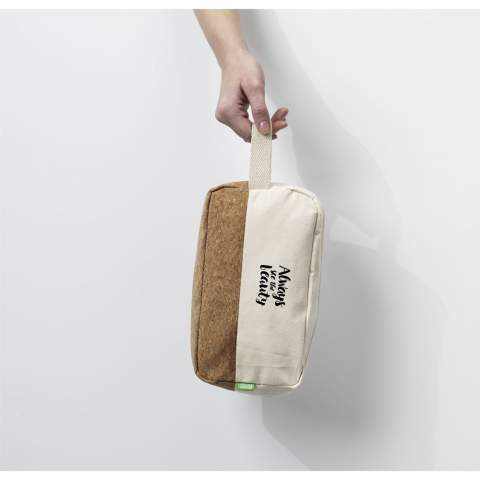 WoW! Toiletry bag made of natural materials: organic canvas and cork. With zipper, handy carrying strap and lined with watertight PEVA.