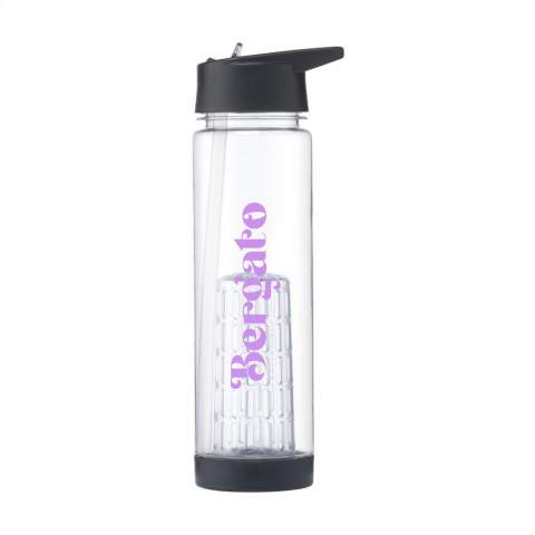 Water bottle with infuser, practical screw cap and folding drinking straw. Fill the generous infuser compartment with fresh fruit to flavour your water and create your own taste sensation. The filter is easy to clean and the bottle is durable and sturdy. This bottle is made from BPA-free PETG plastic, ensuring the bottle remains odour-free and protected against stains. Leak-proof. Capacity 700 ml.